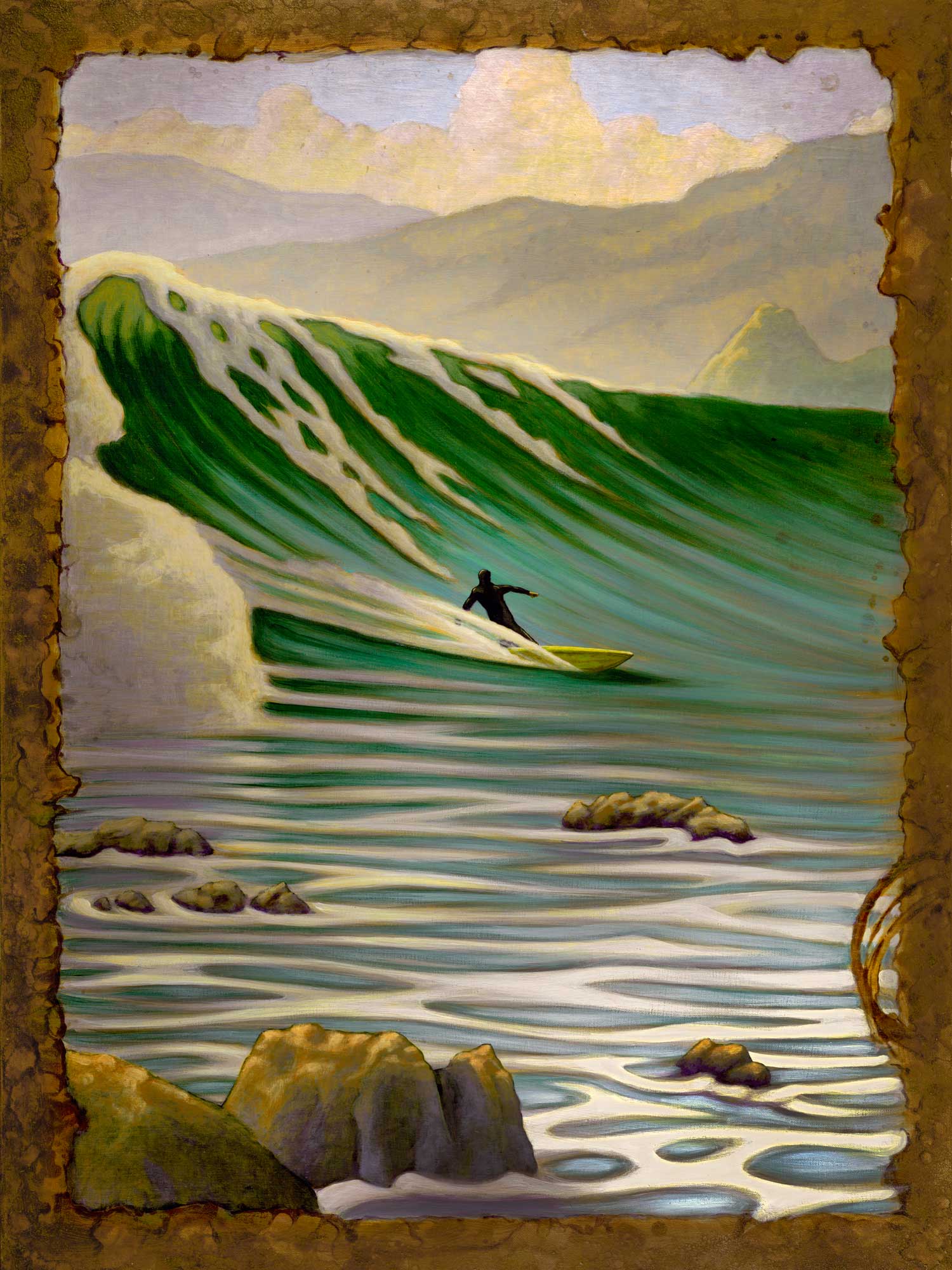 A painting of a surfer on a big wave at Patrick's point on the Humboldt county coast of northern California