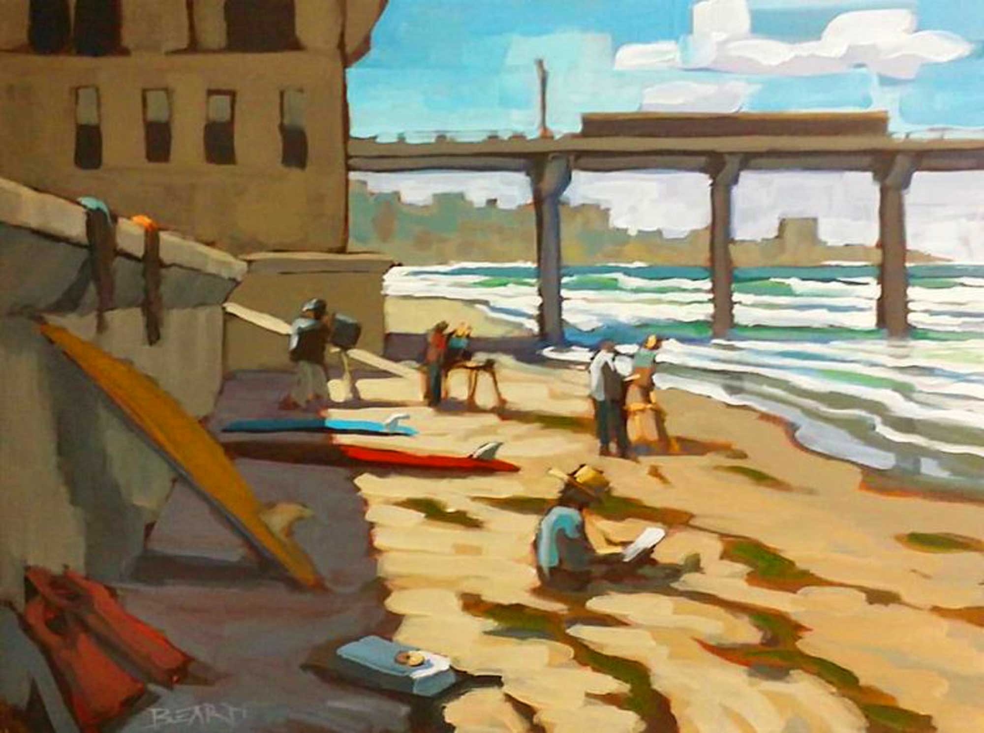 Plein air painting of artists and surfboards on the beach at Scripps pier in La Jolla on the San Diego coast of southern California.