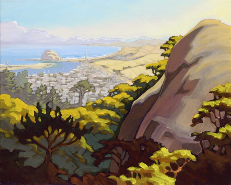 Plein air artwork showing the view of Morro Bay and Morro Rock from Black mountain on the central California coast