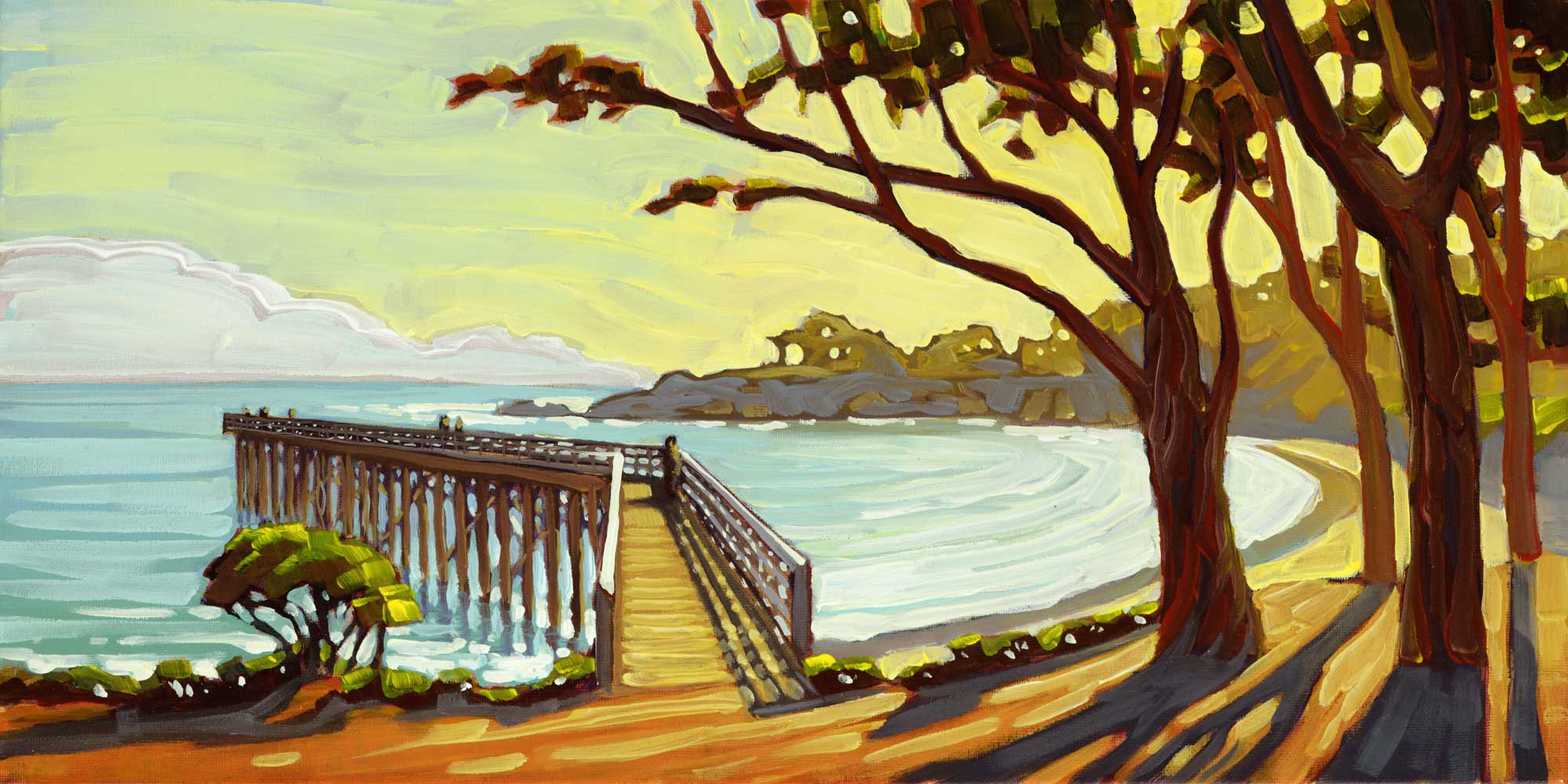 Plein air painting of San Simeon Pier on the Central coast of California in San Luis Obispo county