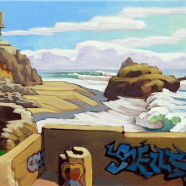 Plein air artwork of graffiti at the Sutro Baths cave at Ocean Beach on the San Francisco coast of California