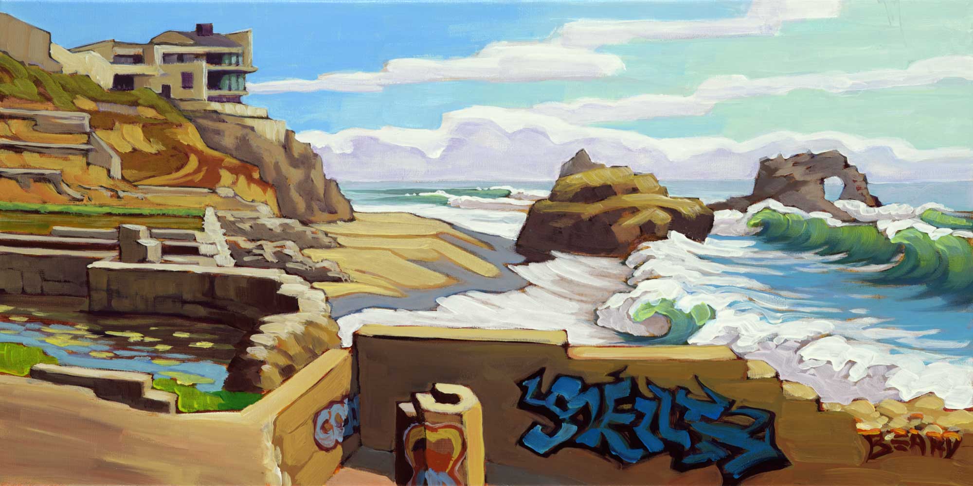 Plein air artwork of graffiti at the Sutro Baths cave at Ocean Beach on the San Francisco coast of California