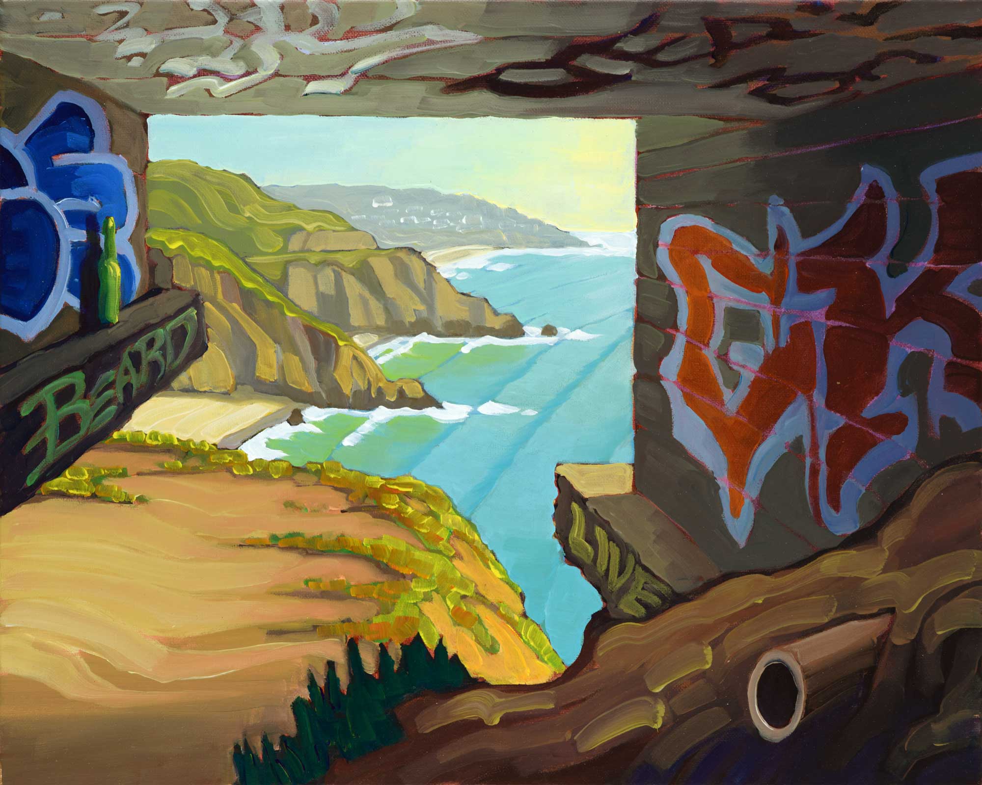 Plein air artwork from the Devil's slide bunker over Montara State Beach on the San Mateo coast of California