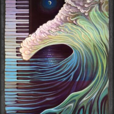 Live art painting of piano keys and a wave from the Redwood Coast Music Festival in humboldt county california