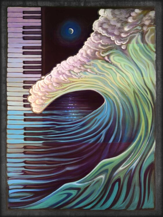 Live art painting of piano keys and a wave from the Redwood Coast Music Festival in humboldt county california