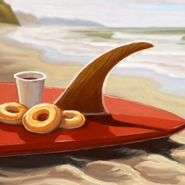 Plein air still life artwork of a surfboard donuts and coffee on the beach on the San Diego coast of southern california
