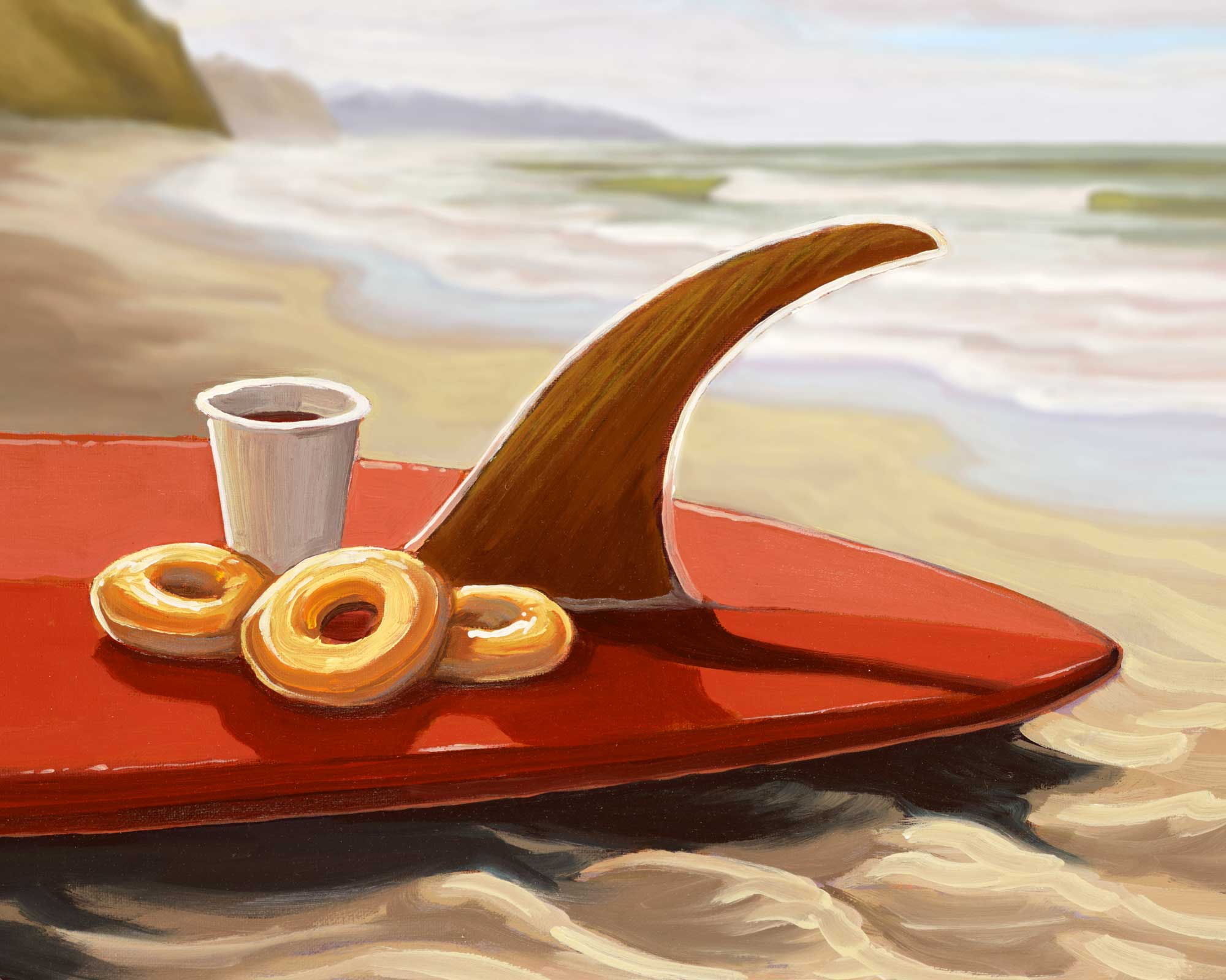 Plein air still life artwork of a surfboard donuts and coffee on the beach on the San Diego coast of southern california