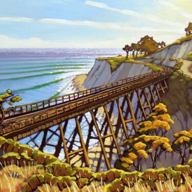Plein air artwork of the railroad trestle on the Hollister Ranch on the santa barbara coast of southern california