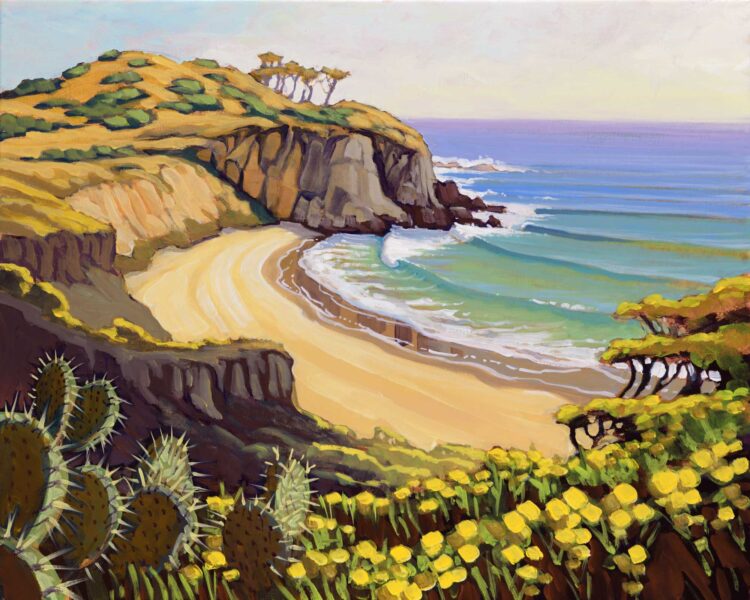 Plein air artwork of El Moro headland at Crystal Cove State Park on the orange county coast of southern California