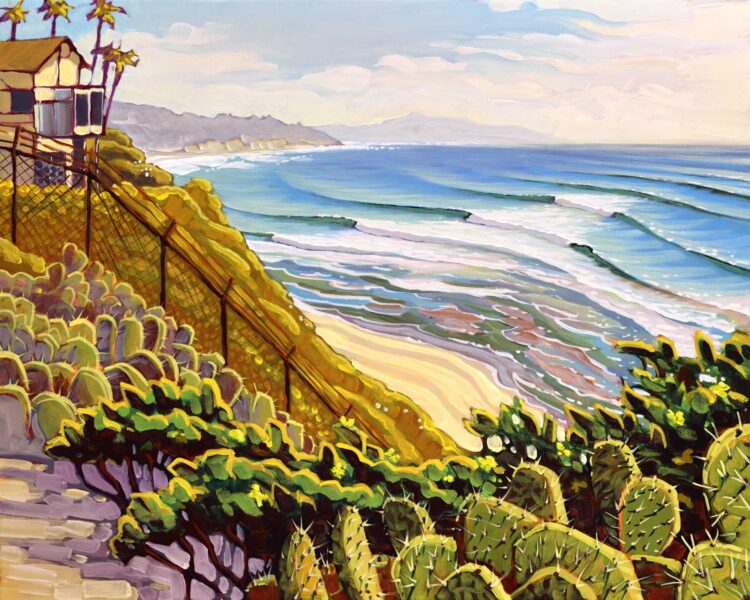 Plein air artwork from the J street lookout over Swami's point in Encinitas on the san diego coast of California
