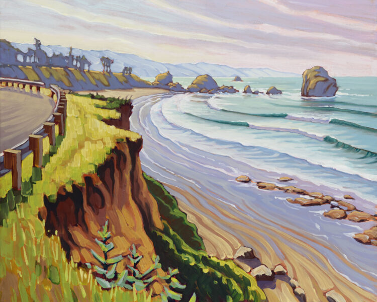 Plein air artwork from beside the road at Pebble Beach in crescent city on the del norte coast of northern California
