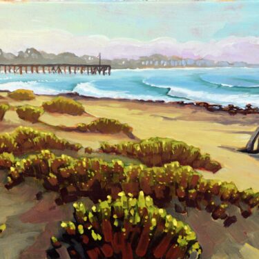 Plein air artwork of Surfer's Point at the County Fairgrounds on the Ventura coast of southern California