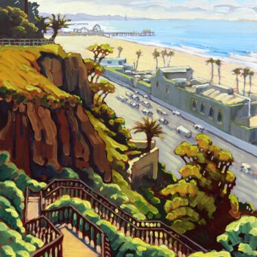 Plein air artwork from Pacific Palisades overlooking Santa Monica beach and Pier on the LA coast of southern California