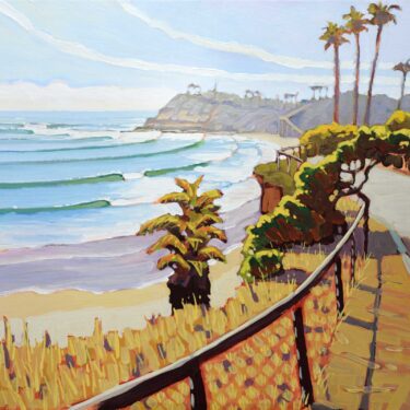 Plein air artwork from San Elijo State Beach looking toward Swami's on the San Diego coast of southern california
