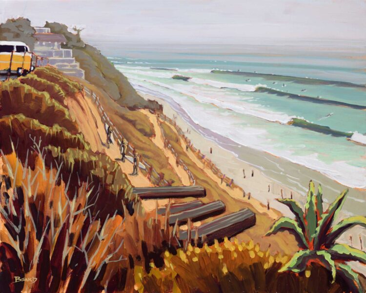 Plein air artwork of the trail to Beacon's Beach on the San Diego coast of southern California