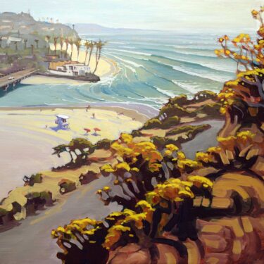 Plein air artwork of Dog Beach at the mouth of the Del Mar Lagoon on the San Diego coast of southern California