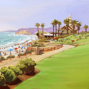 Plein air artwork of the Powerhouse at Del Mar on the san Diego coast of southern California