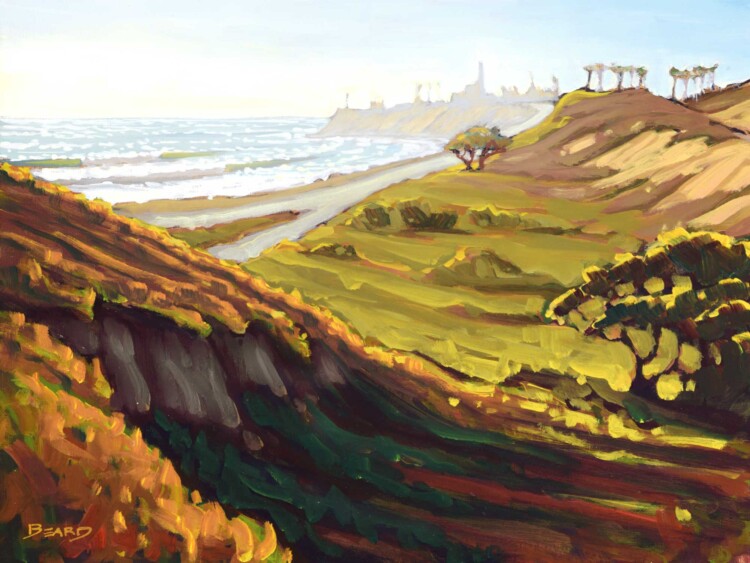 Plein air artwork of the Pacific Coast Highway at Carlsbad state park on the san diego coast of southern california