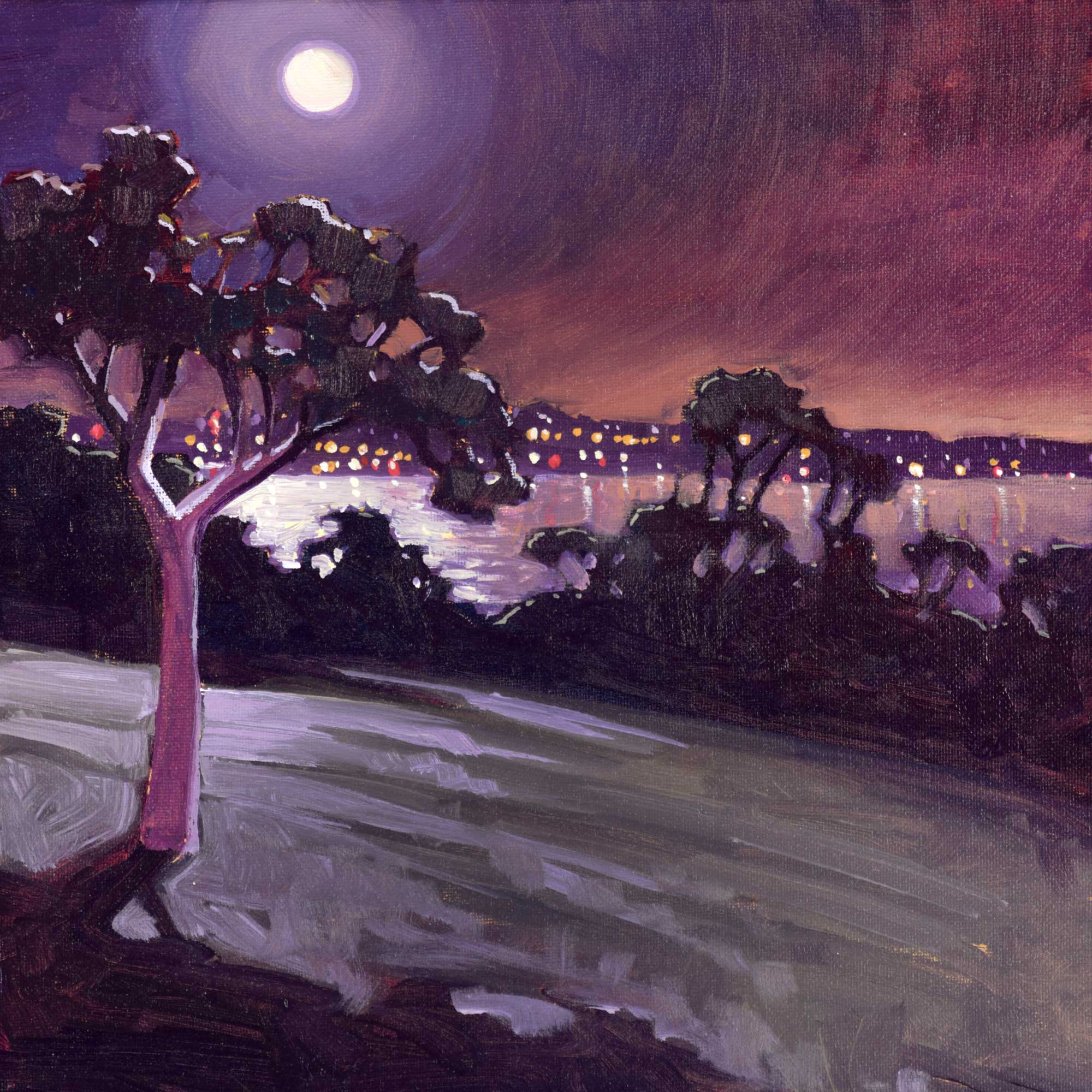 Plein air nocturne artwork of city lights over San Diego Harbor at Kate Sessions Park in San Diego