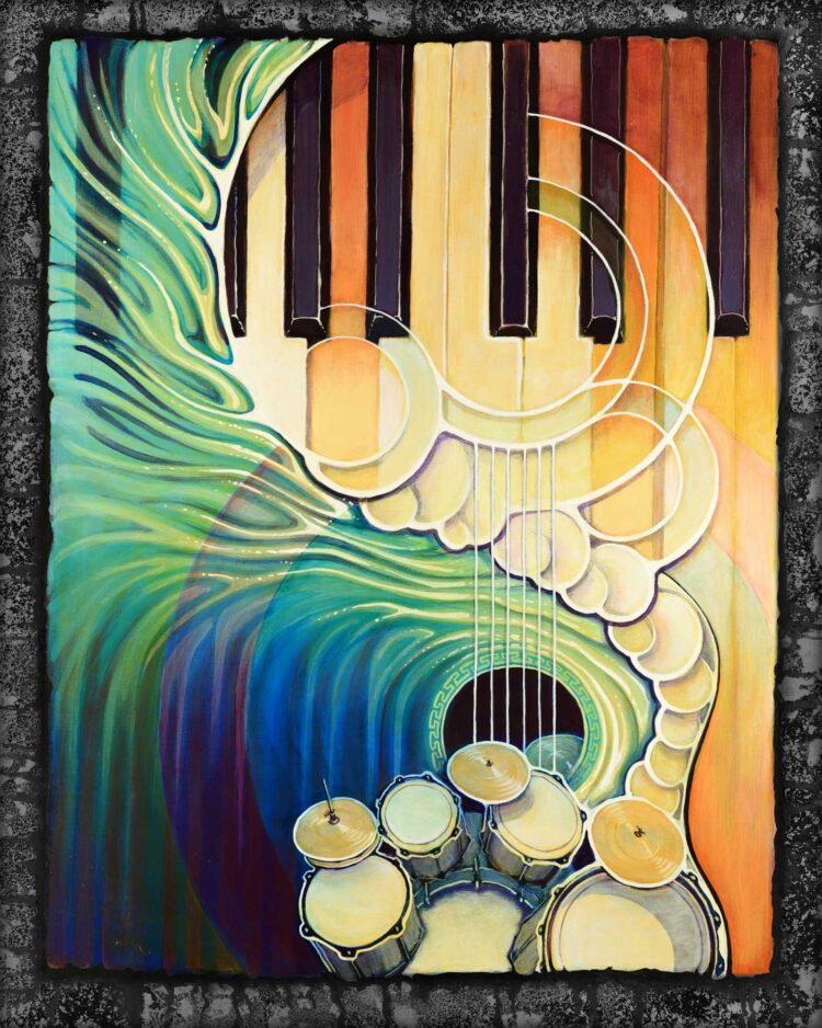 Live art painting of a piano wave painted for Humboldt's Redwood Coast Music Festival