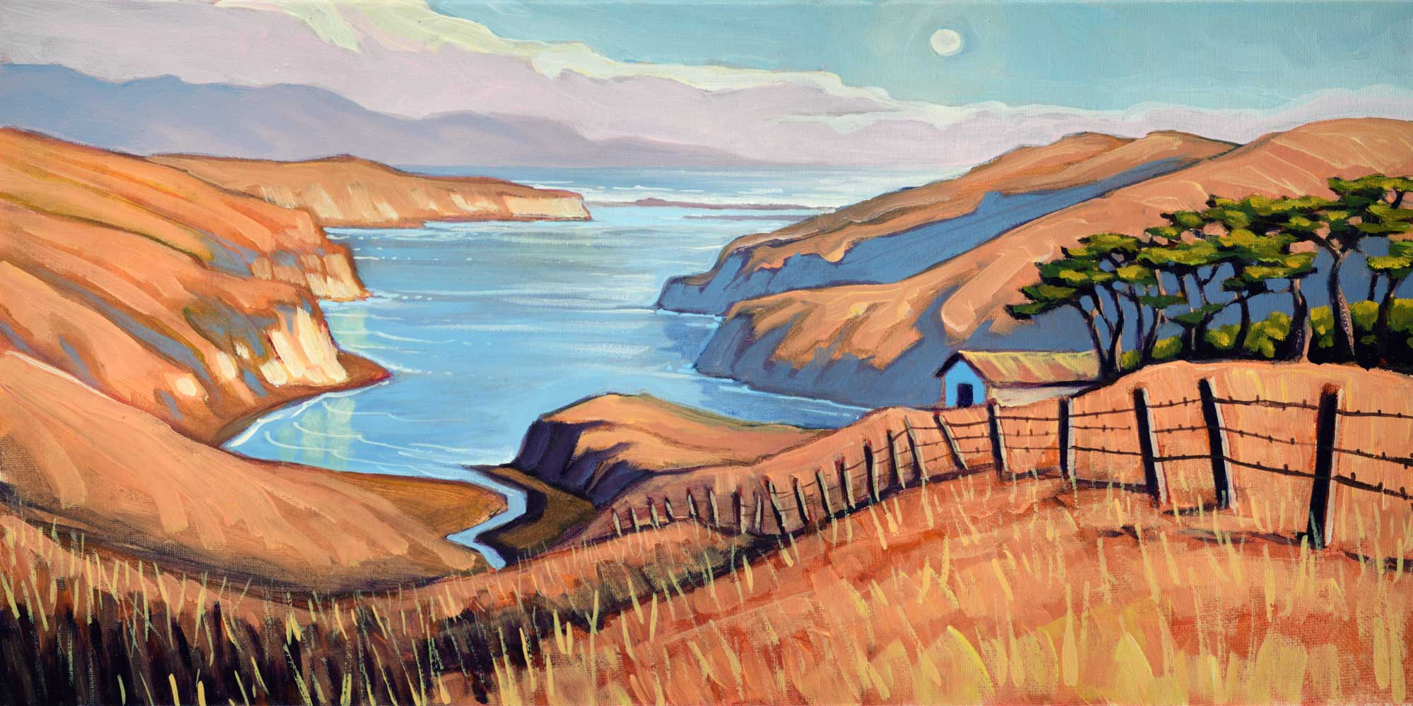 Plein air painting of a cattle ranch at Drake's Estero at Point Reyes National Park on the Marin coast of California