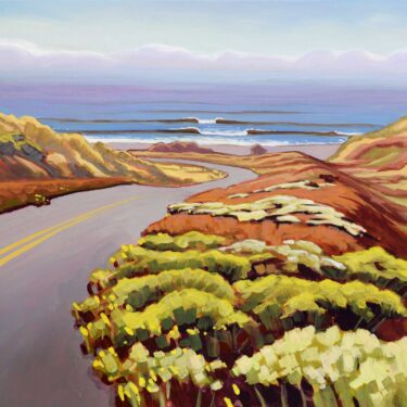 Plein air painting of a road to the beach at Point Reyes National Park on the Marin coast of Northern California