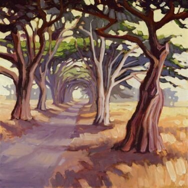 Plein air artwork of the Cypress Tree Tunnel at Point Reyes National Park on the Marin coast of northern California