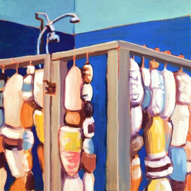 Painting of a shower made of marine debris outside a beach house on the central california coast
