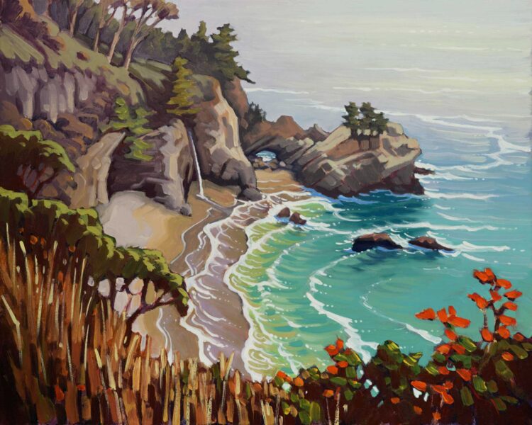 Plein air artwork of McWay Falls on the Big Sur Coast of Monterey in Central California