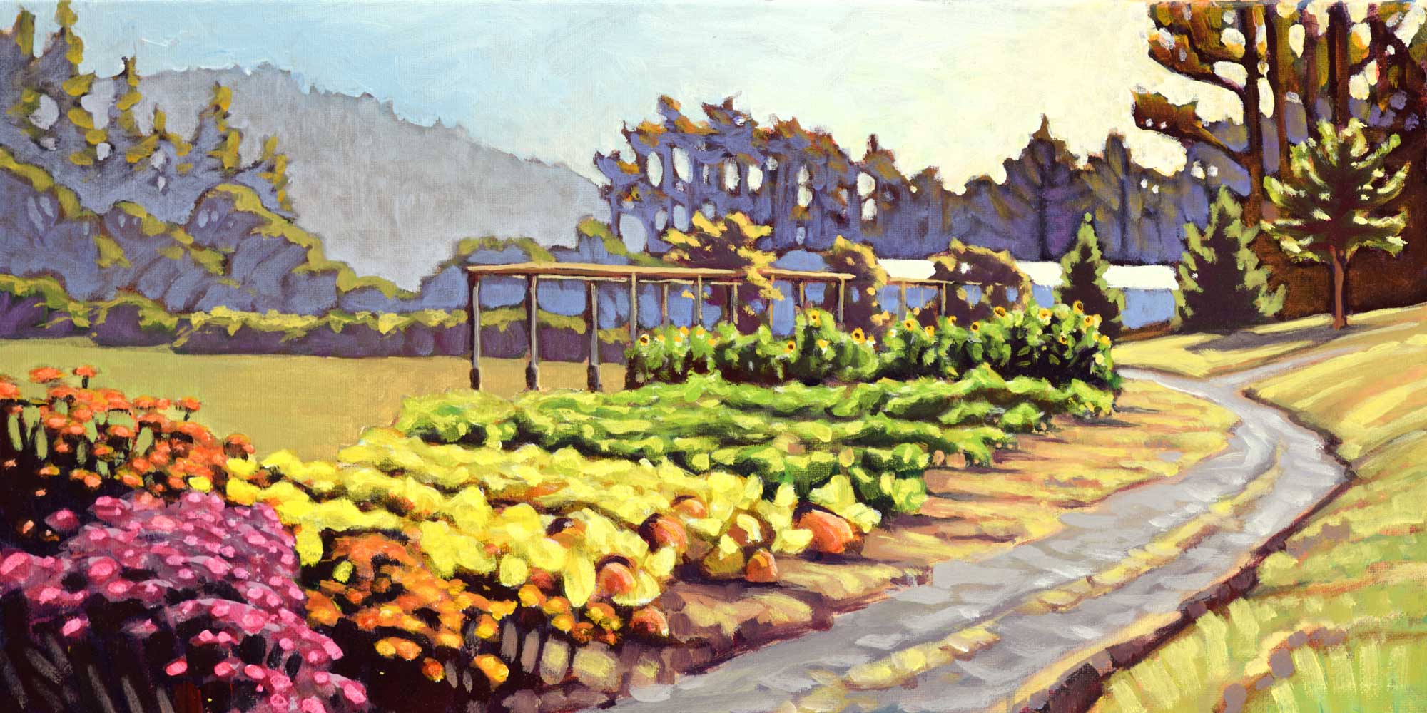 Plein air painting of the Humboldt Botanical Gardens in northern California