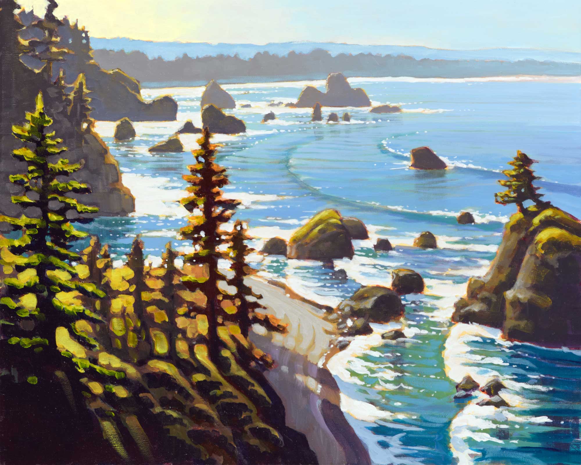 Plein air painting of Humboldt County's rocky Trinidad coast in Northern California