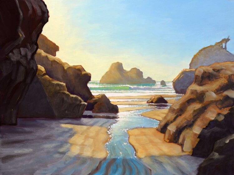 Plein air painting of the beach at Houda Point looking out to Camel Rock on the Humboldt Coast of Northern California