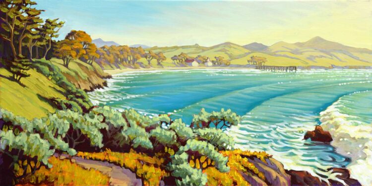 Plein air painting of San Simeon Pier and Cove on the San Luis Obispo coast of central California
