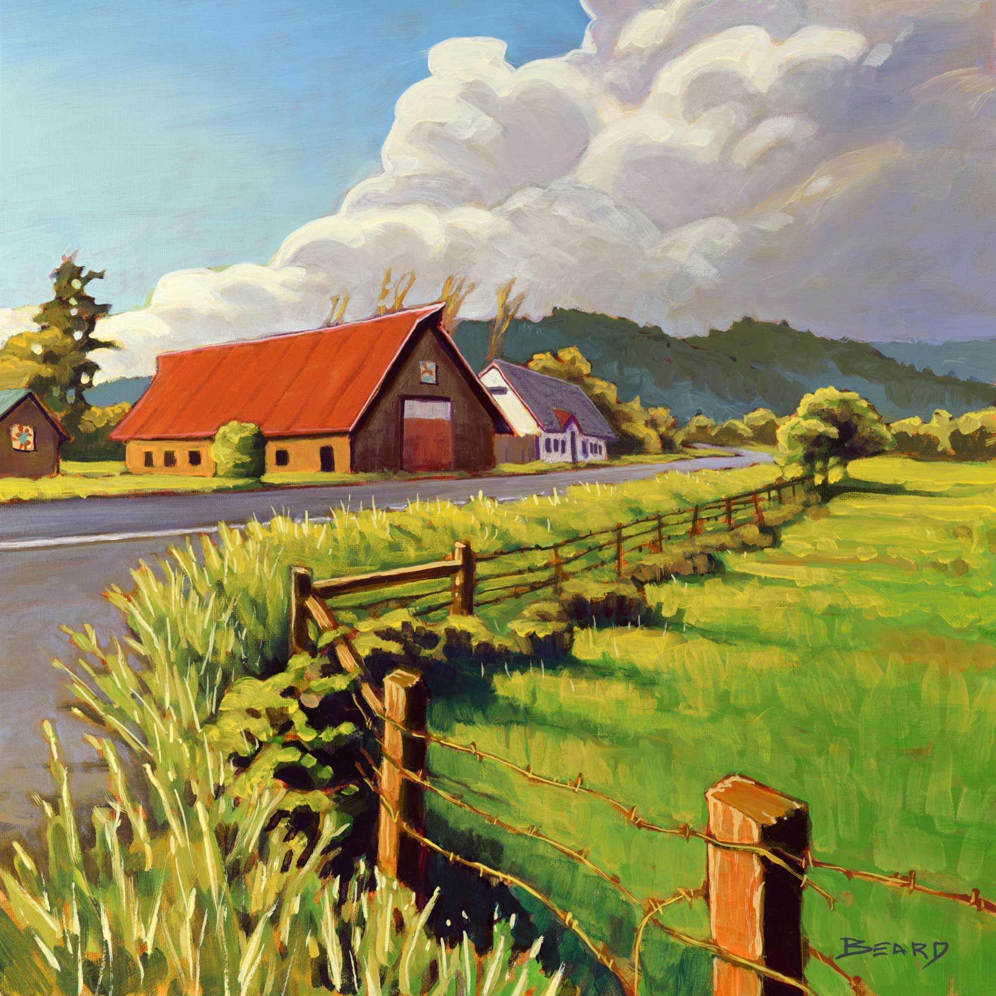 Plein air painting of a barn beside a rural road in Humboldt County, California