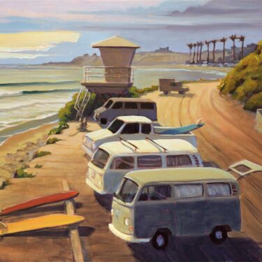 Plein air artwork of VW buses at San Onofre State Park in San Diego County on the Southern California Coast
