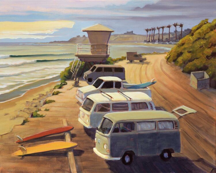 Plein air artwork of VW buses at San Onofre State Park in San Diego County on the Southern California Coast