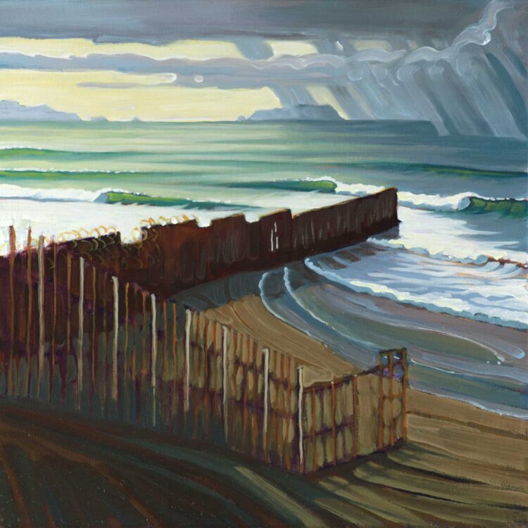 Plein air artwork the border fence between California and Mexico in San Diego county on the coast of southern California