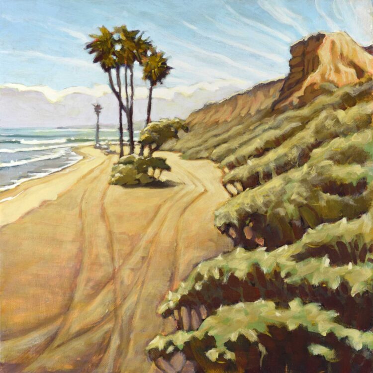 Plein air artwork of palm trees in the carpark at San Onofre State park in Southern California