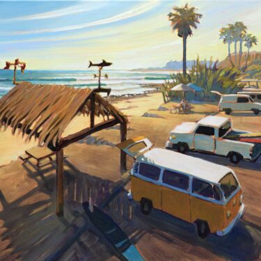 Plein air painting of VW bus at Old Man's in San Onofre State park in San Diego County, California
