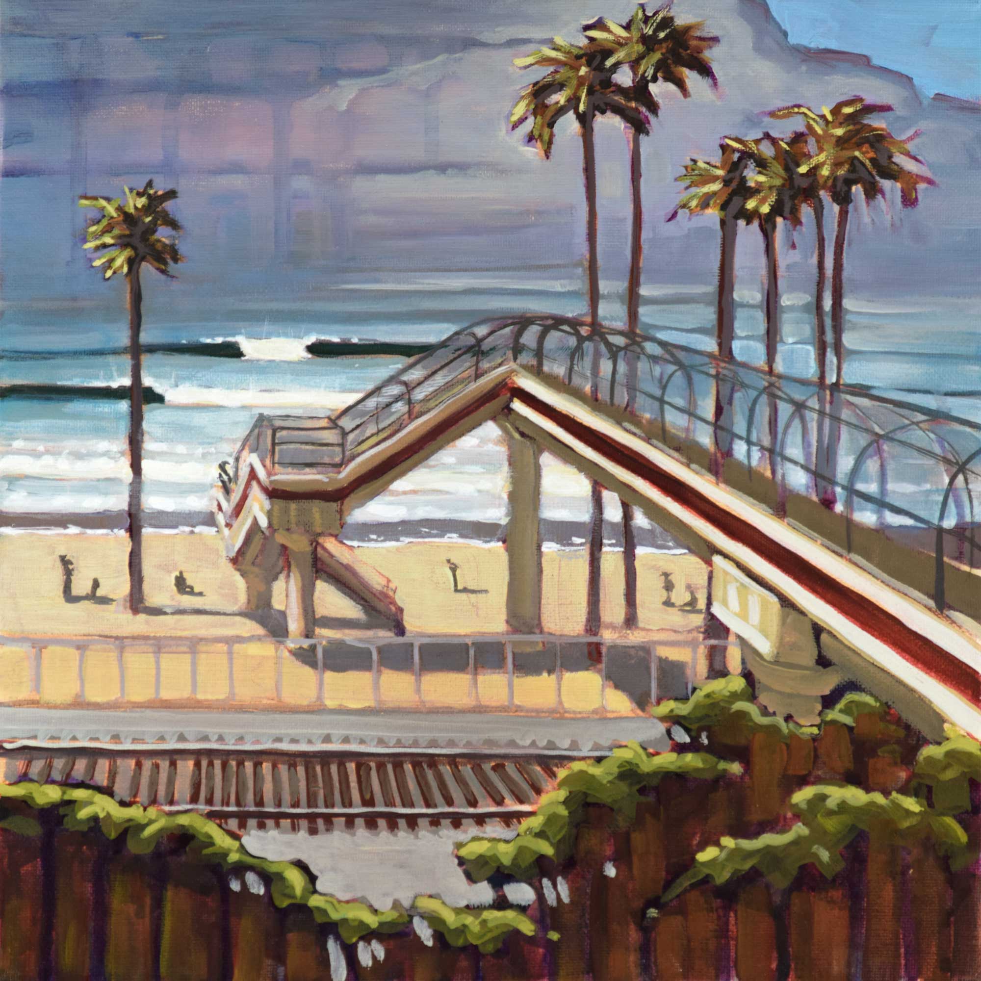 Plein air artwork of the pedestrian overpass at T Street on the Orange County coast of Southern California
