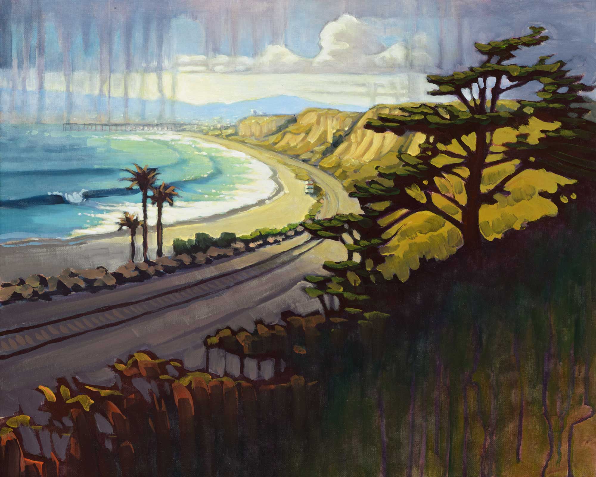Plein air artwork of the beach at San Clemente looking toward the Pier on the Orange county coast of southern california