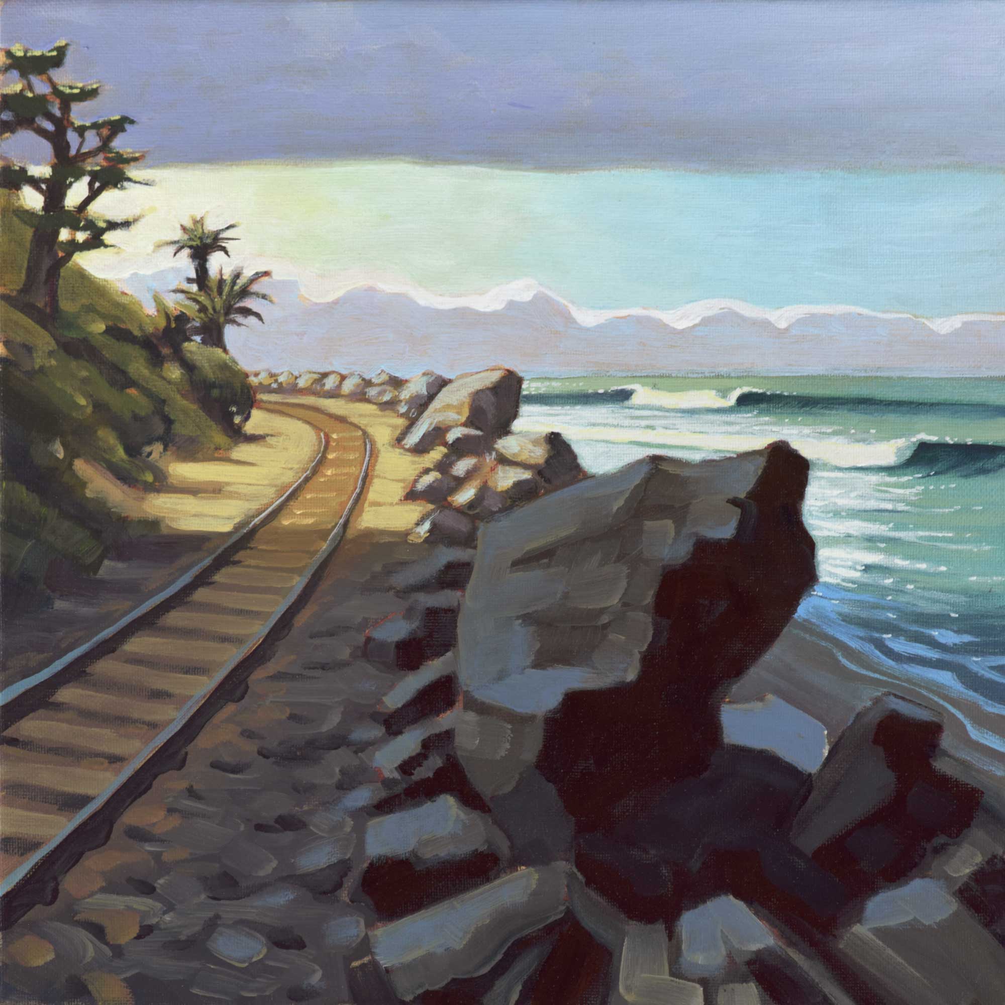 Plein air painting of train tracks near Cotton's point on the San Clemente coast of Orange County in southern California