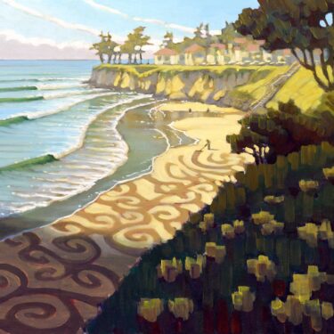 Plein air painting of Jim Devevan creating landworks art at Cowell's Beach on the Santa Cruz coast of California