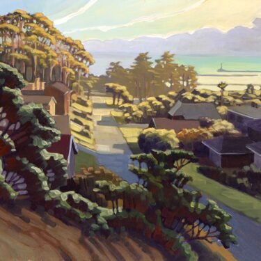 A plein air painting of a neigborhood overlooking Half Moon Bay on the San Mateo coast of California