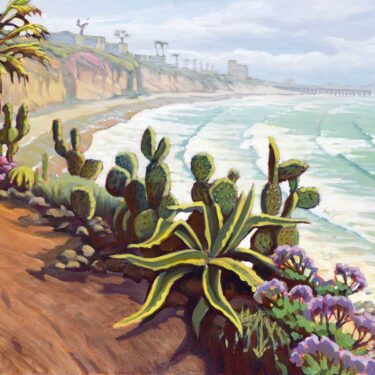 Plein air artwork of the cactus garden overlooking PB point on the San Diego coast of southern California