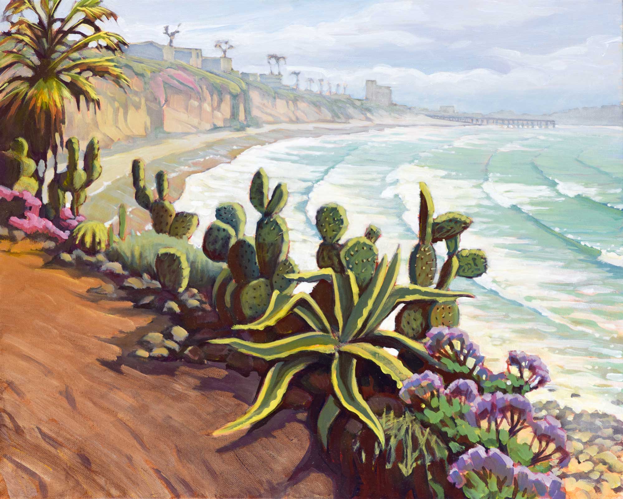 Plein air artwork of the cactus garden overlooking PB point on the San Diego coast of southern California