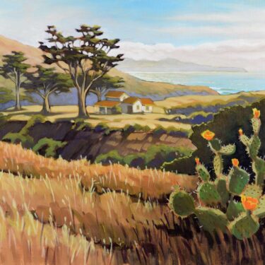 Plein air painting of a cactus and old buildings on the west side of Santa Cruz island off the coast of California