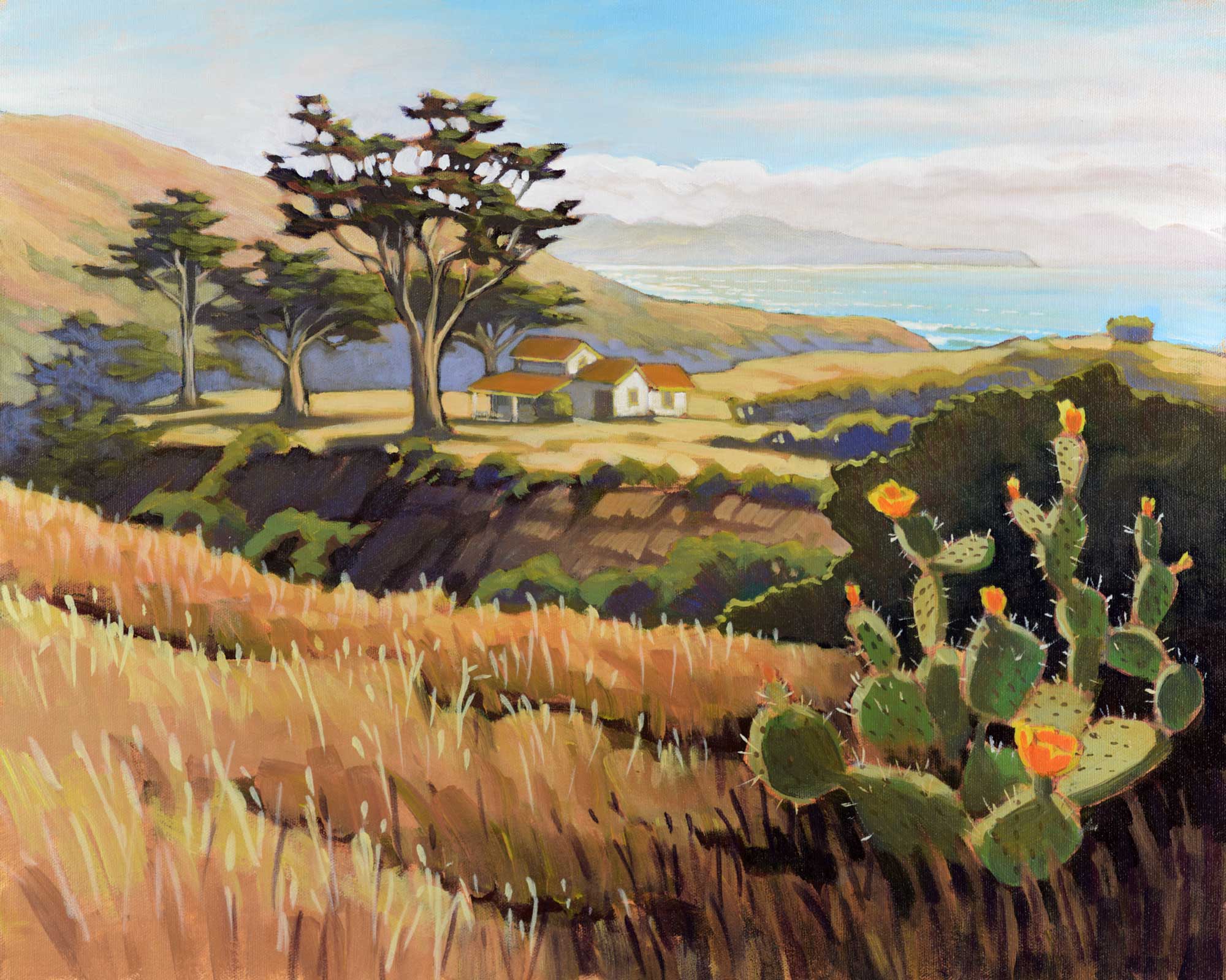 Plein air painting of a cactus and old buildings on the west side of Santa Cruz island off the coast of California