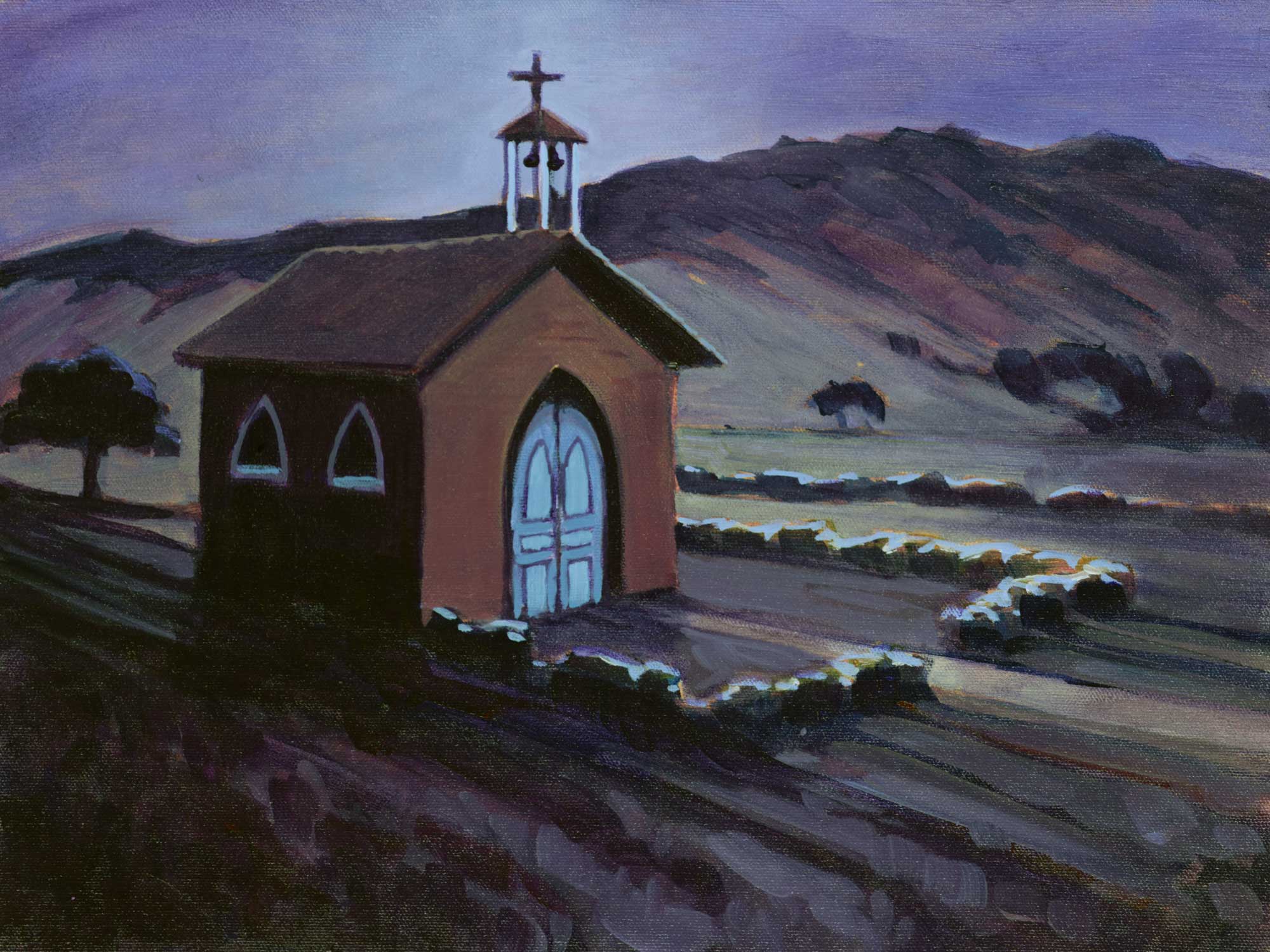 A plein air nocturne painting of a Chapel on Santa Cruz Channel Island off the coast of Southern California
