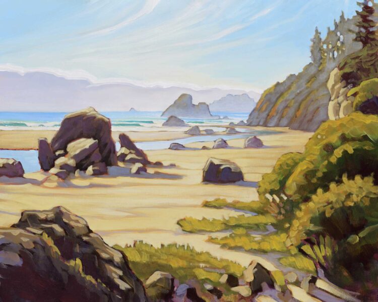 A plein air artwork painting of Moonstone Beach on the Trinidad coast of Humboldt County in northern California